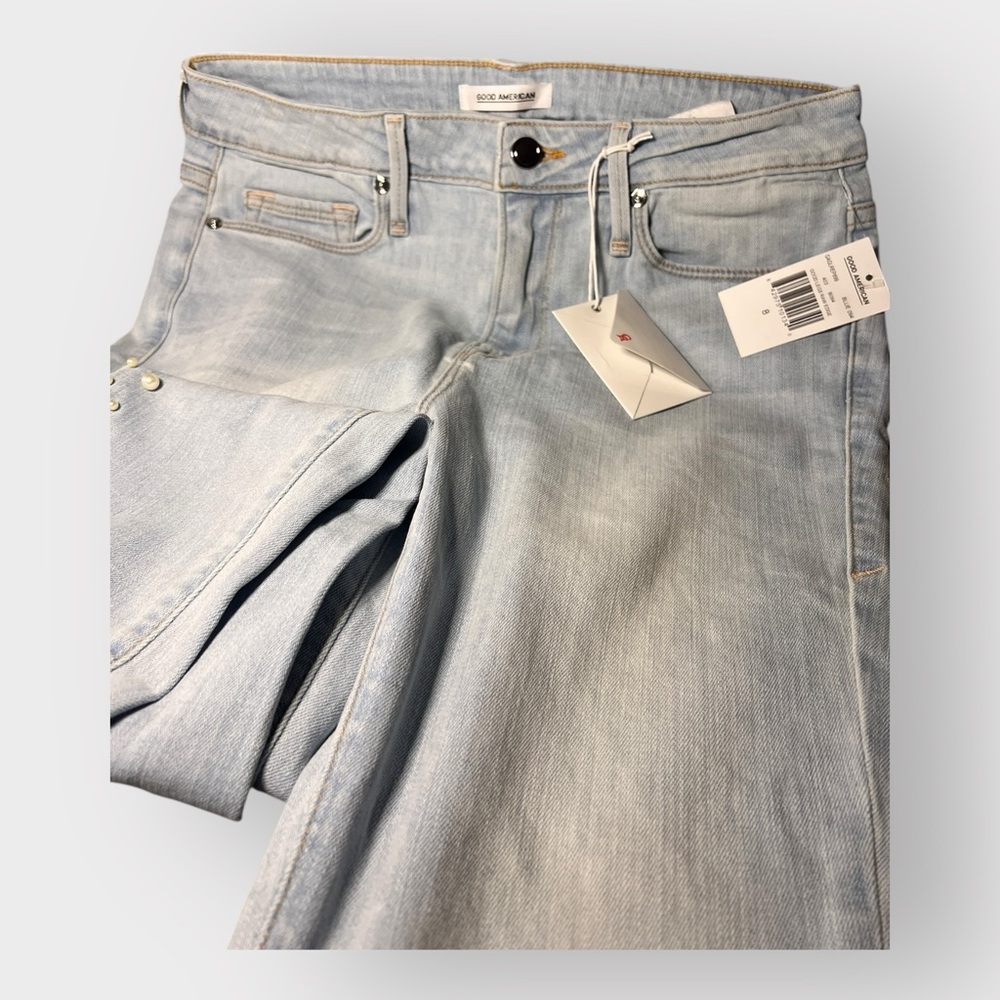 Good American Good Legs Sky Blue Stretch Jeans with Pearl Accents • NWT • Size 8